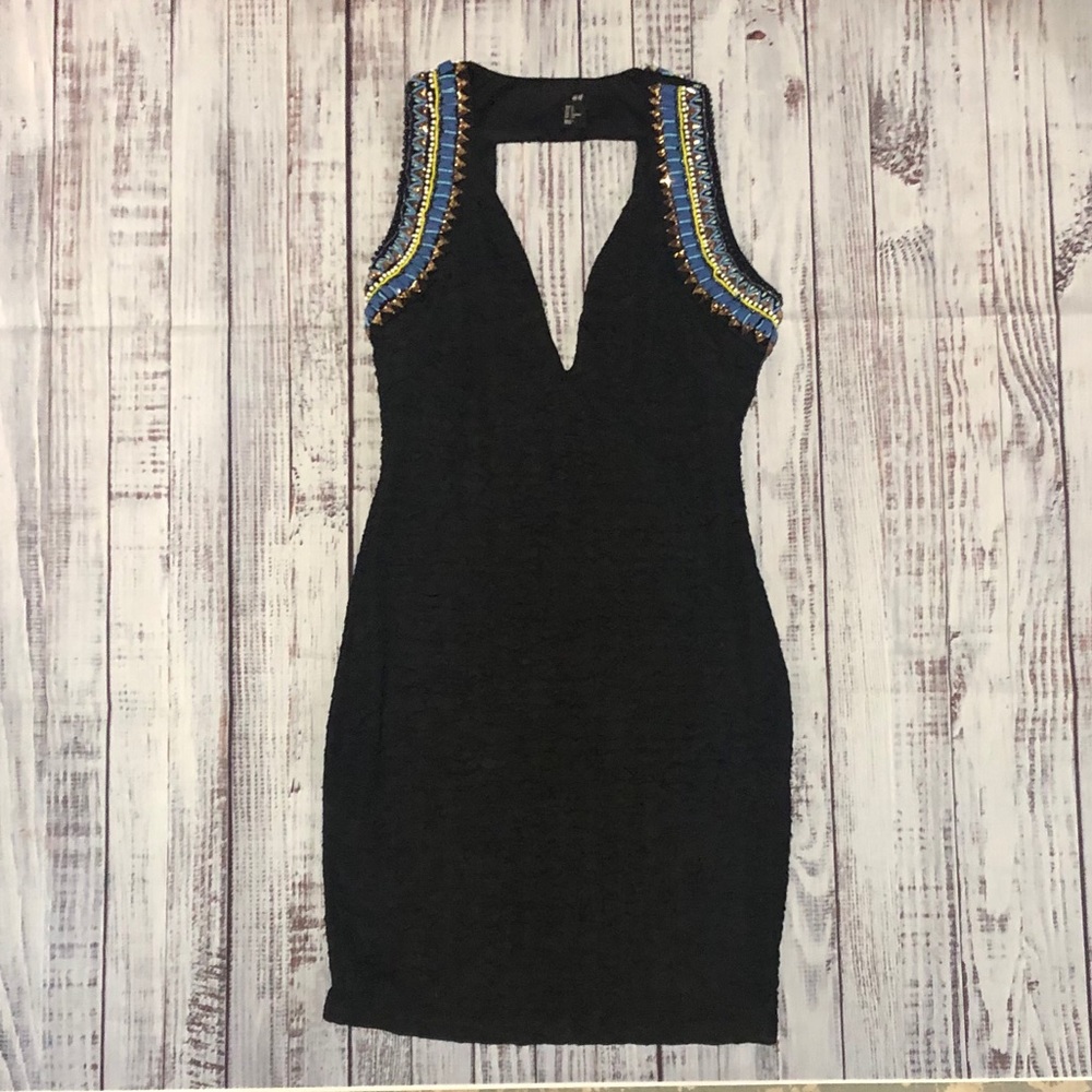 H&M Black Beaded Low Cut Dress